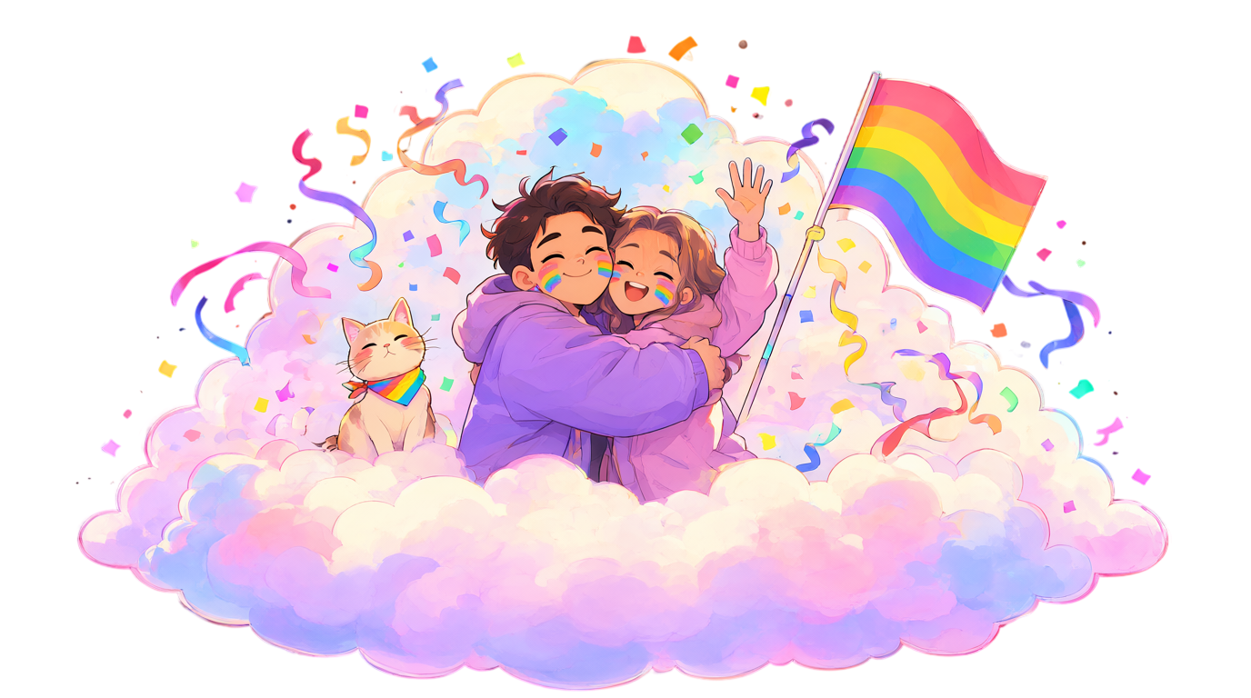 Zwei Menschen sitzen vor einem Regenbogen